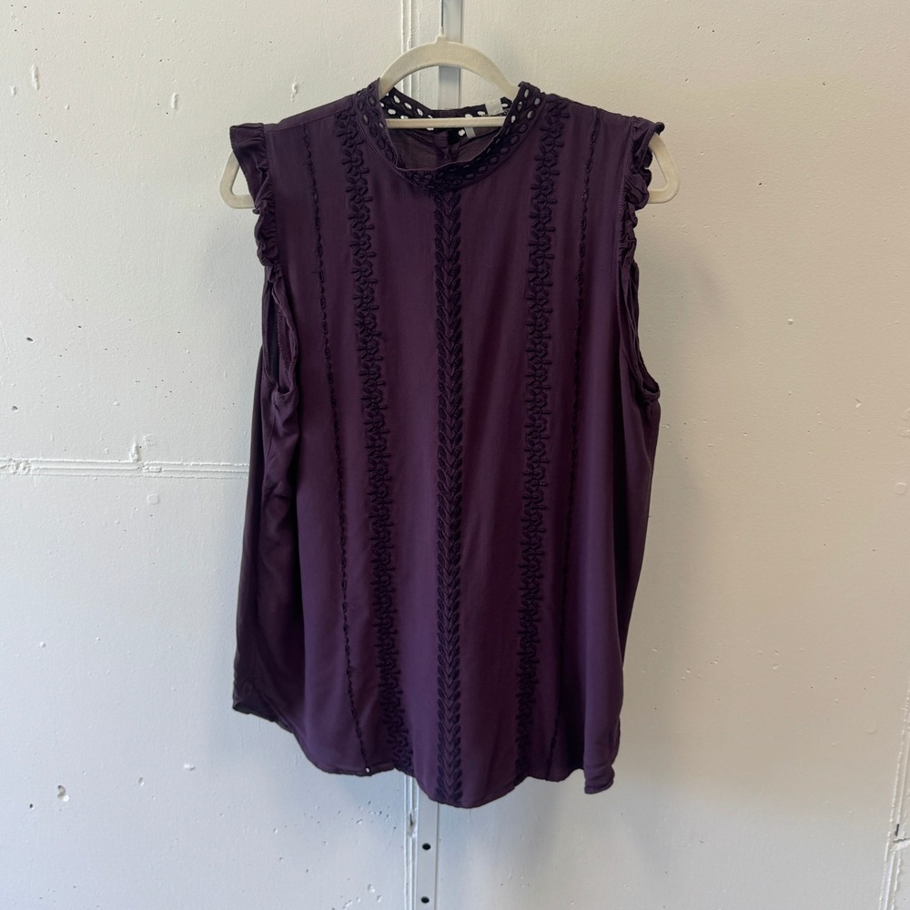 LOFT Purple Sleeveless Eyelet Embroidered Ruffle Blouse Plum Large Whimsical